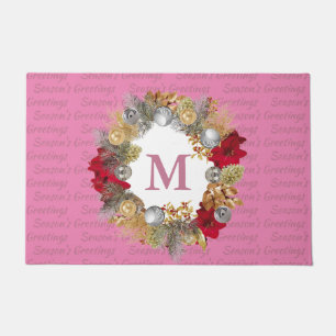 Pink MONOGRAM Decorative Christmas Wreath Doormat