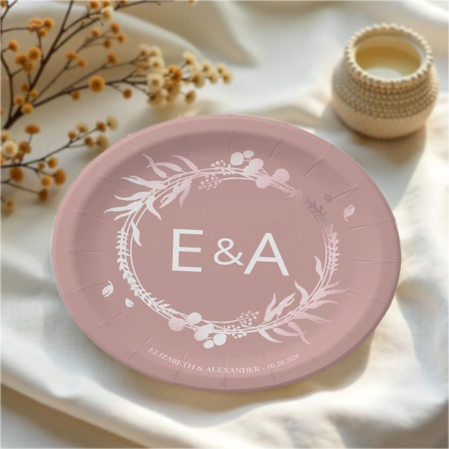 Pink Monogram Faux Foil Wedding Paper Plate (Creator Uploaded)