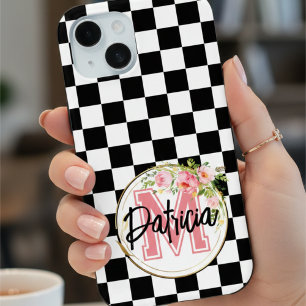 Pink Monogram Floral Chic Black & White Chequered iPhone 15 Case