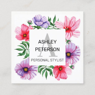 Pink Monogram Floral Girly Cute Personalised Square Business Card
