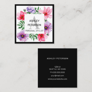 Pink Monogram Floral Girly Cute Personalised Square Business Card