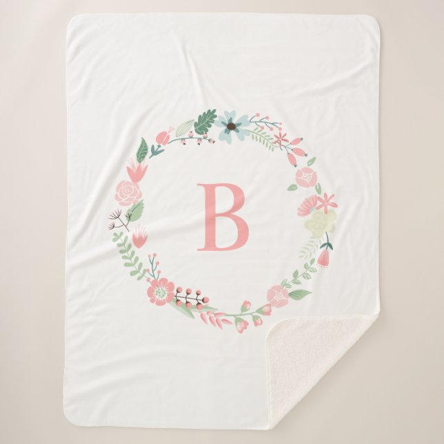 Pink Monogram Floral Wreath Sherpa Blanket (Front)