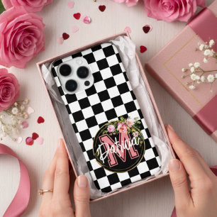 pink Monogram Flower black and white Chequered Cas iPhone 16 Pro Max Case