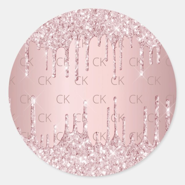 Pink monogram glitter drips dusty rose classic round sticker (Front)