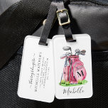 Pink Monogram Golf Bag Luggage Tag<br><div class="desc">This cute monogram golf bag or luggage tag features a stylish pink watercolor golf bag filled with clubs, surrounded by a touch of green grass. The design cleverly incorporates a simple serif font initial monogram on the bag, seamlessly blending into the design. Below the monogram, the full name is elegantly...</div>