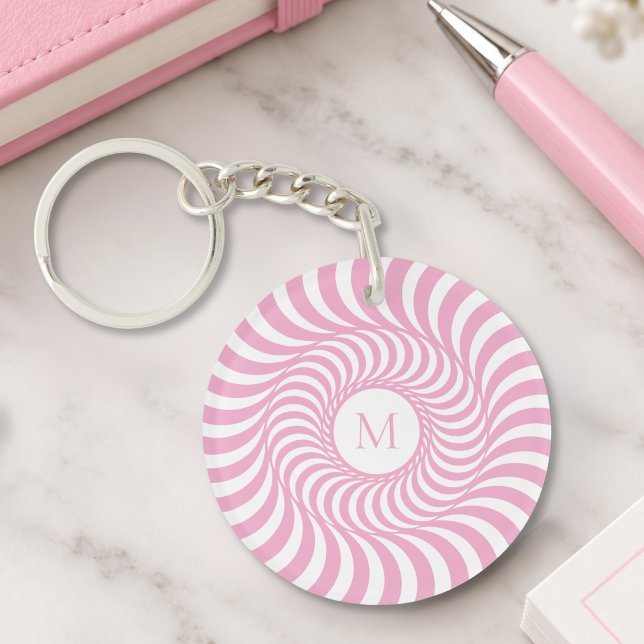 Pink Monogram Initial Acrylic Keychain (cute girly fun pink optical illusion keychain with custom monogram initial)