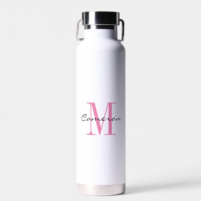 Pink Monogram Initial and Name Personalised Water  Water Bottle (Front)