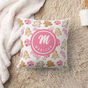 Pink Monogram Initial Gingerbread Candy Pattern Cushion
