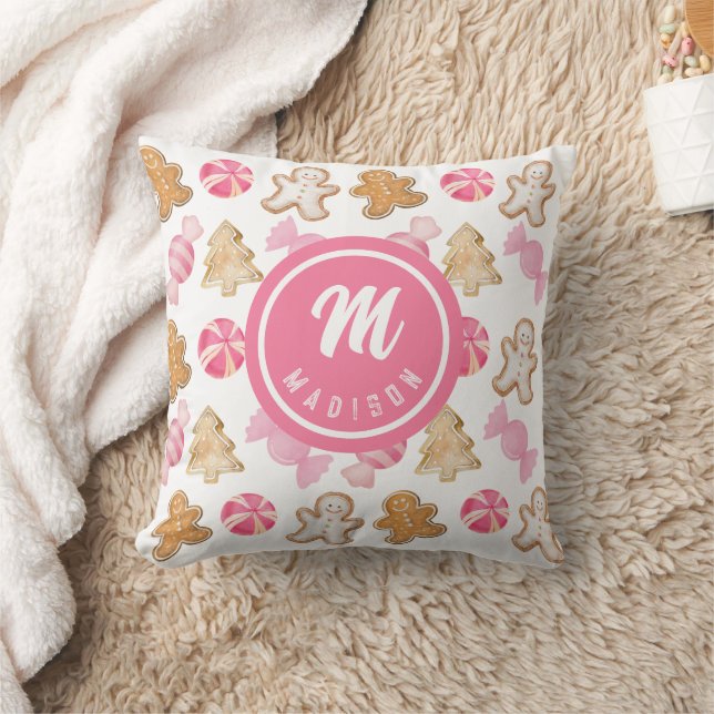 Pink Monogram Initial Gingerbread Candy Pattern Cushion (Blanket)