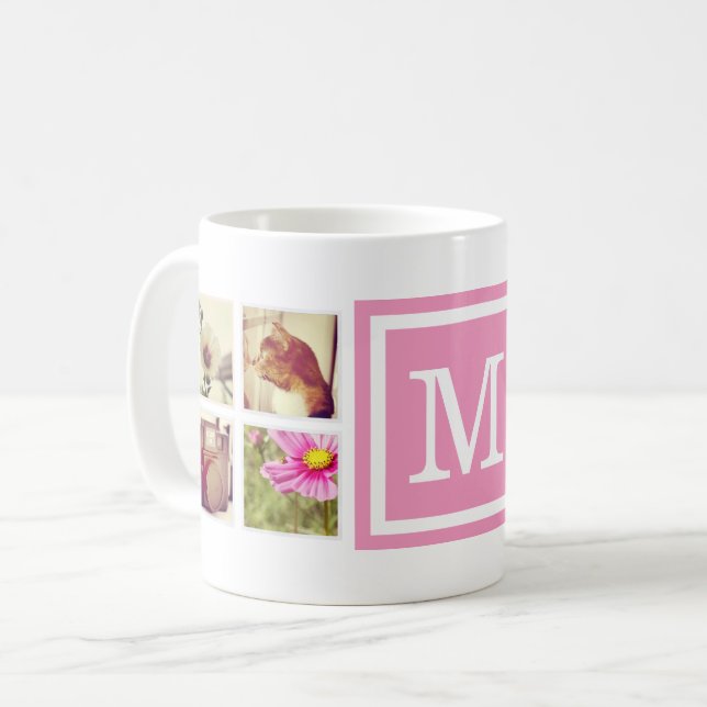 Pink Monogram Instagram Photo Collage Mug (Front Left)