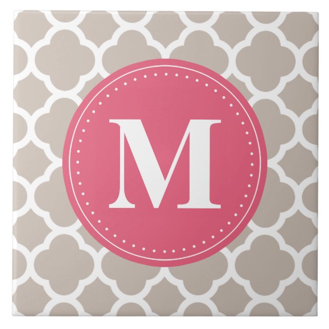 Pink Monogram Linen Grey Quatrefoil Pattern Ceramic Tile (Front)