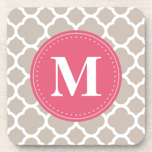 Pink Monogram Linen Grey Quatrefoil Pattern Coaster