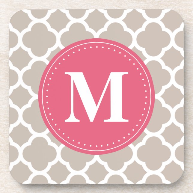 Pink Monogram Linen Grey Quatrefoil Pattern Coaster (Front)
