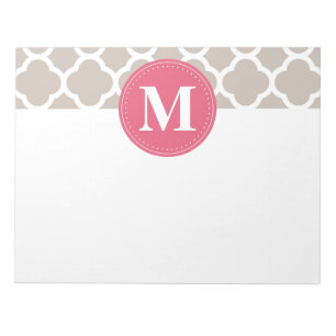 Pink Monogram Linen Grey Quatrefoil Pattern Notepad