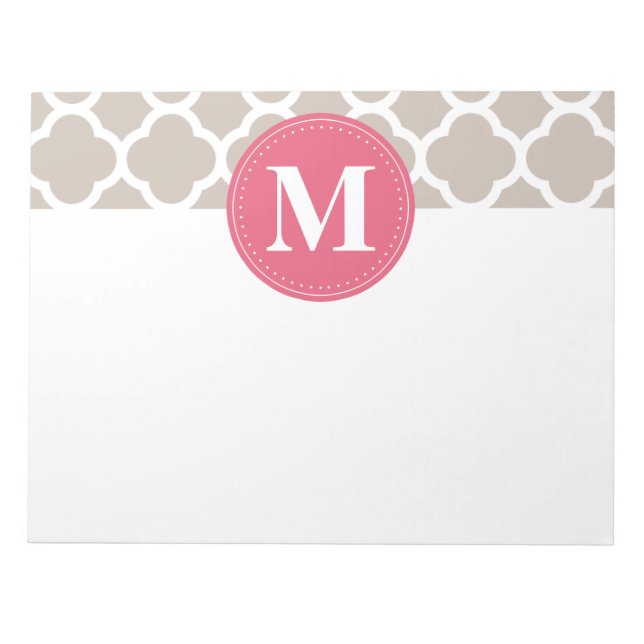 Pink Monogram Linen Grey Quatrefoil Pattern Notepad (Front)