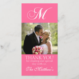Pink Monogram M Wedding Thank You Photo Card