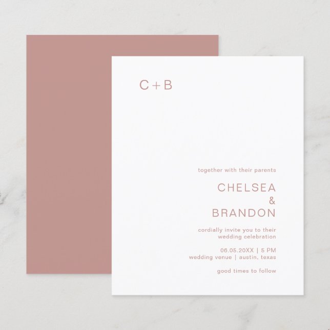 Pink Monogram Modern Budget Wedding Invitation (Front/Back)