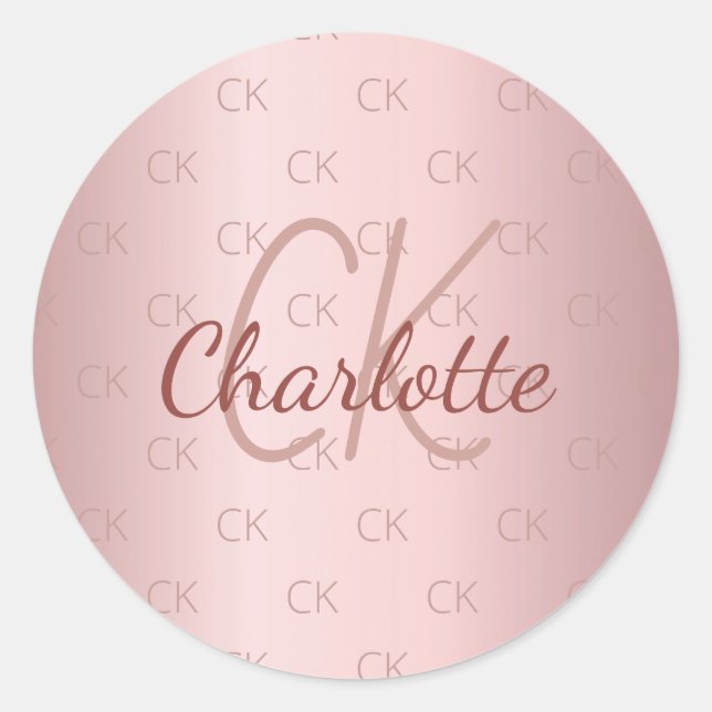 Pink monogram name dusty rose classic round sticker (Front)