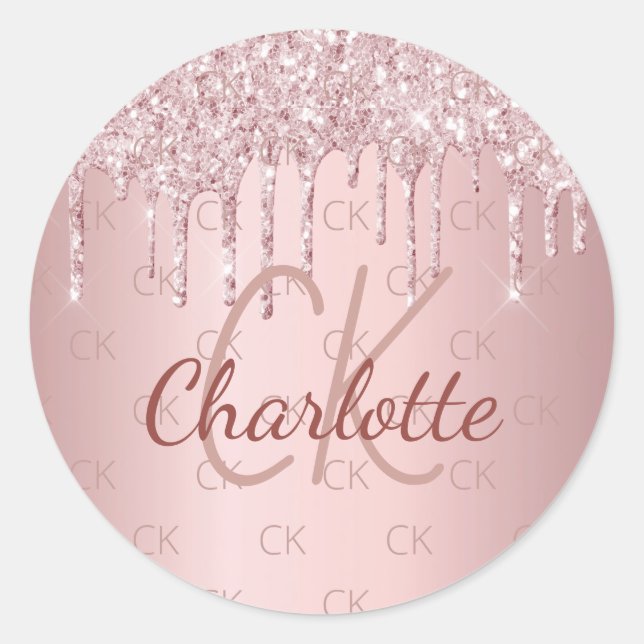 Pink monogram name dusty rose glitter drips classic round sticker (Front)