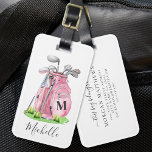 Pink Monogram Name Golf Luggage Tag<br><div class="desc">This cute monogram golf bag or luggage tag features a light pink watercolor golf bag filled with clubs, resting on a small patch of green grass. A simple serif font initial monogram appears on the front of the bag, blending nicely into the soft and playful design. Below the monogram, the...</div>