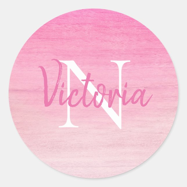 Pink Monogram Name Script Classic Round Sticker (Front)
