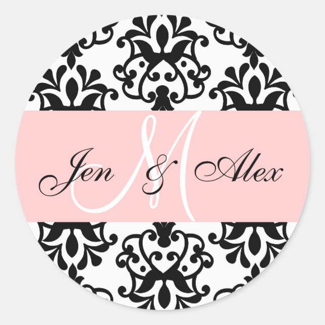 Pink Monogram Names Damask Wedding Seal (Front)