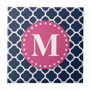 Pink Monogram Navy Quatrefoil Pattern Ceramic Tile