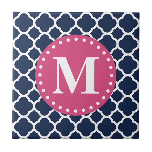 Pink Monogram Navy Quatrefoil Pattern Ceramic Tile (Front)