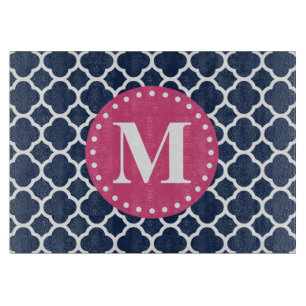 Pink Monogram Navy Quatrefoil Pattern Cutting Board
