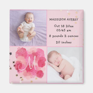 Pink Monogram Newborn Baby Girl Birth Stats Magnet
