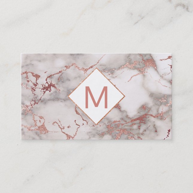 pink monogram on rose gold marble business card (Front)