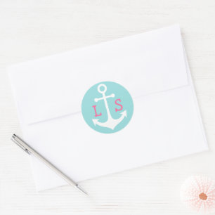 pink monogram on white anchor on pastel blue classic round sticker