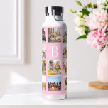 Pink Monogram Personalised 19 Photo Collage Water Bottle<br><div class="desc">Create your own insulated tumbler featuring 19 of your favourite pictures in a minimalist photo collage grid design. Add your own custom monogram initial in modern typography on pink background for a personalised touch.</div>
