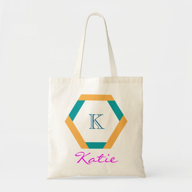 Pink Monogram Personalised Hexagon Geometry Tote Bag (Front)