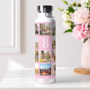 Pink Monogram Personalized 19 Photo Collage Water Bottle