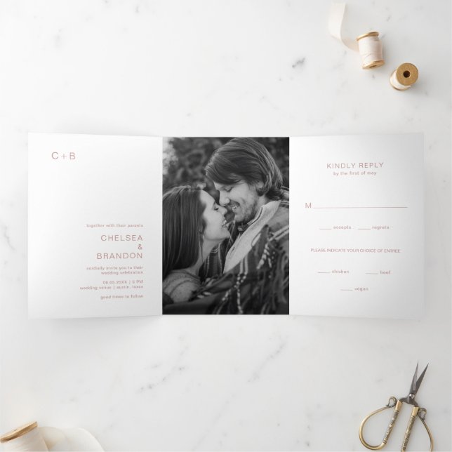 Pink Monogram Photo Modern Wedding Tri-Fold Invitation (Inside)