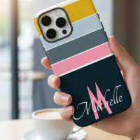 Pink Monogram Retro 70s Navy & Yellow Bold Stripe