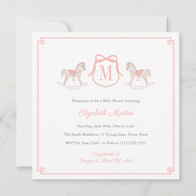 Pink Monogram Rocking Horse Baby Girl Shower Invitation (Front)