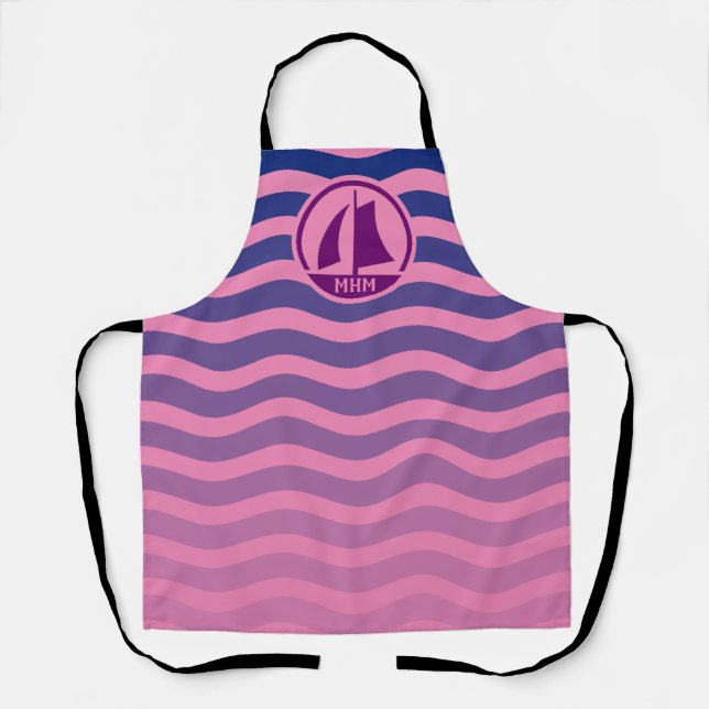 Pink Monogram Sailboat Blue Waves Apron (Front)