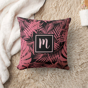 Pink monogram script palm leaf pattern modern cushion