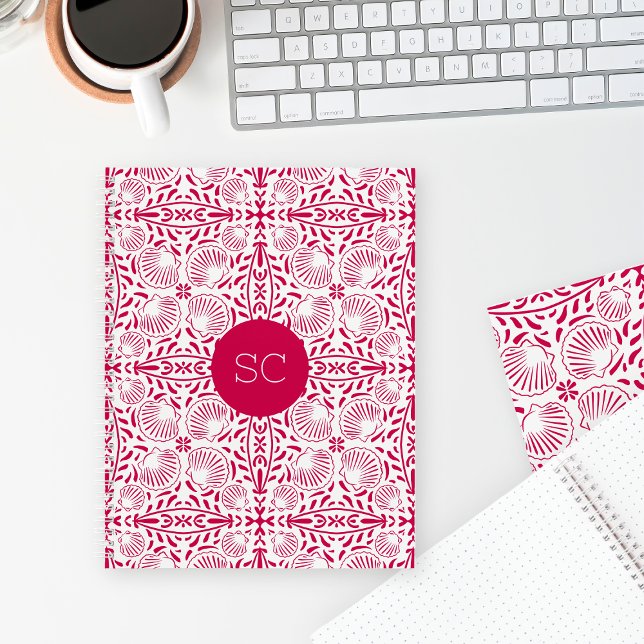 Pink Monogram Sheashell Coral Elegant Chic Notebook (Red Coastal Sheashell Beach Coral Elegant Monogram Notebook)