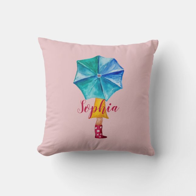 Pink Monogram Umbrella Girl Watercolor Cushion (Front)