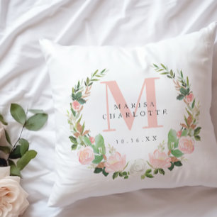 Pink Monogram Watercolor Floral Wreath Nursery Cushion