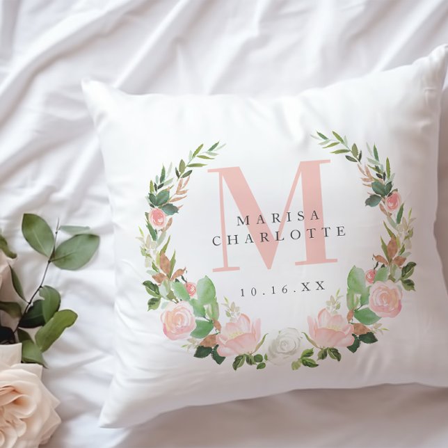 Pink Monogram Watercolor Floral Wreath Nursery Cushion (Creator Uploaded)