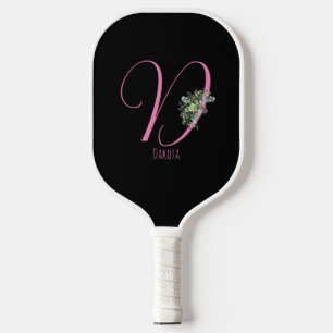 Pink monogram watercolor flower black pickleball paddle
