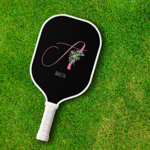 Pink monogram watercolor flower black pickleball paddle