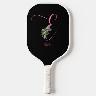 Pink monogram watercolor flower black pickleball paddle