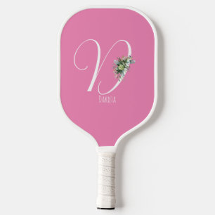 Pink monogram watercolor flower pickleball paddle