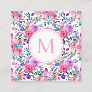 Pink Monogram Watercolor Flowers Square Business Card