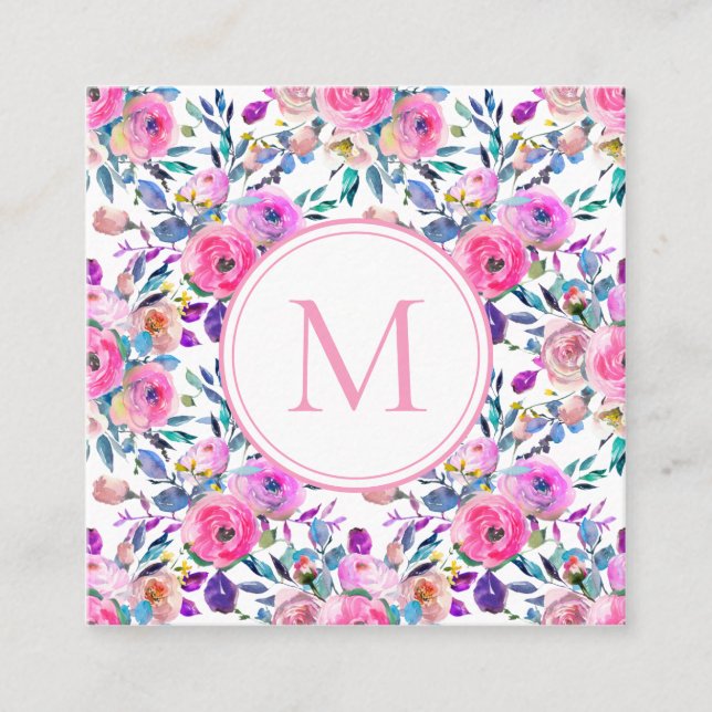Pink Monogram Watercolor Flowers Square Business Card (Front)